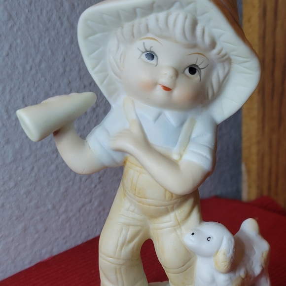 Vtg Farm Girl Flop Hat Cover Alls Dog Porcelain Figurine